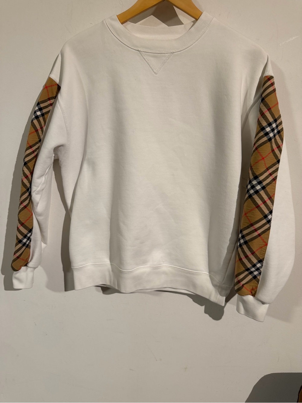 Burberry White Crewneck Sweatshirt with Tan Plaid Sleeve Panels